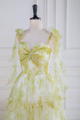 Tie Straps Yellow Floral Print Ruffles Tulle Long Prom Dress